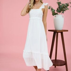 Ruffle Detail Empire Waist Midi Dress White